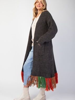 115. EASEL Charcoal Long Open-Front Cardigan with Brown, Red & Green Fringe